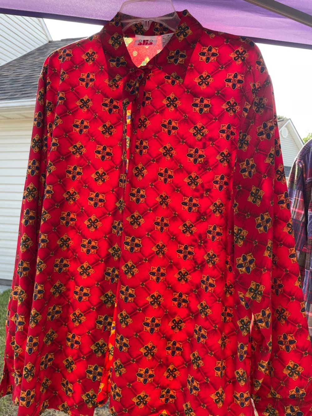 Alia Red Button-Down Blouse with Yellow and Black Floral Pattern